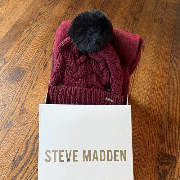 Steve Madden Women’s Burgundy Knit Hat with Black Pom and Scarf Set - Picture 1 of 4